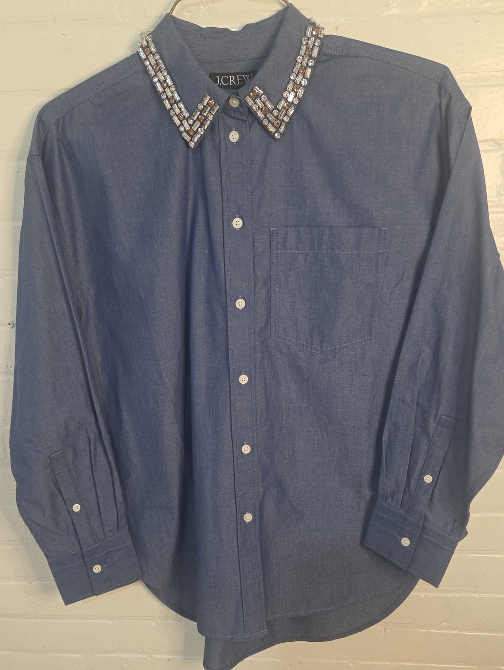 J. Crew Blue Chambray Button-Down with Jeweled Collar